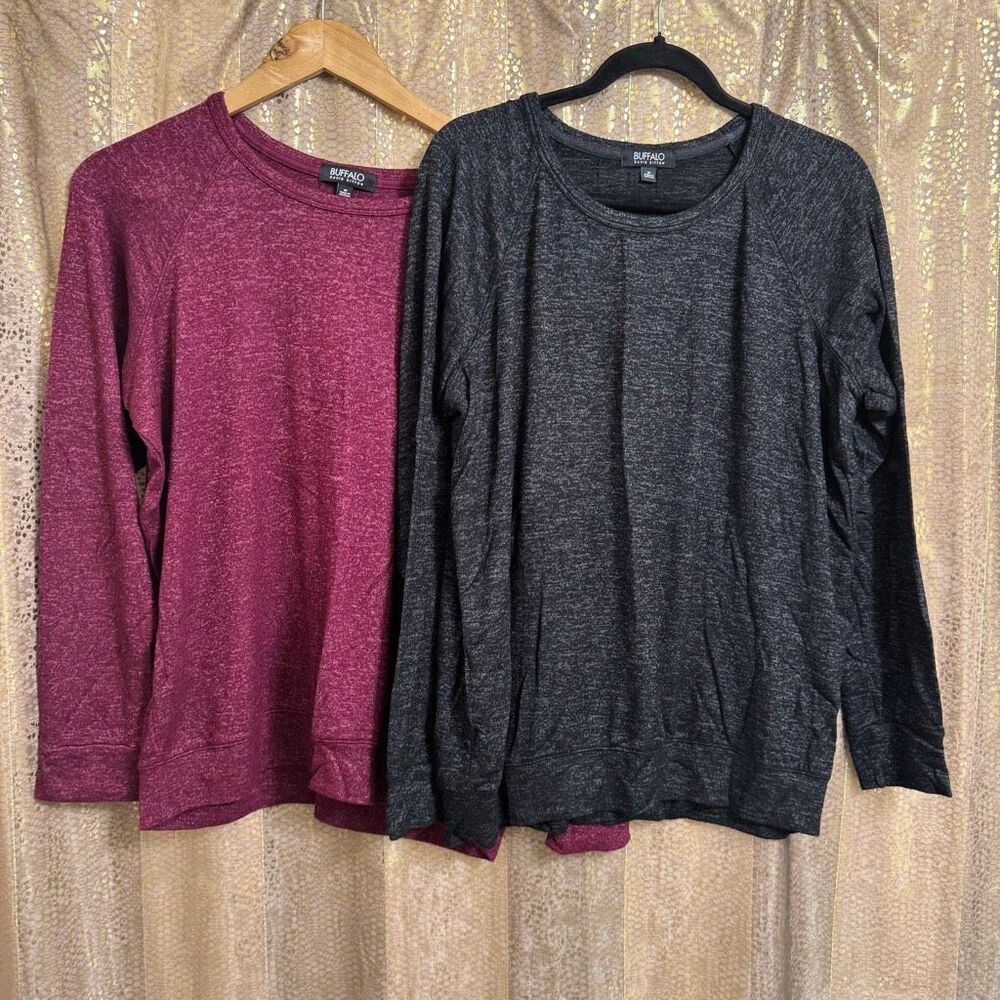 Buffalo David Bitton Long Sleeve Cozy Stretchy Marled Tops Black Cranberry M